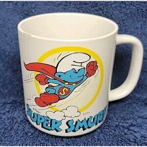 1981 Super Smurf Mug Coffee Cup Wallace Berrie Vintage 80's Cartoon Collectible